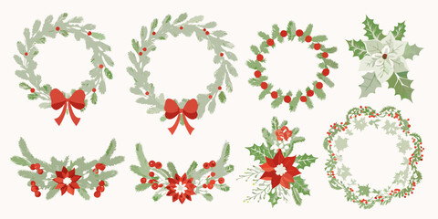 Assorted christmas wreaths and holly sprigs with red berry accents © Bijon