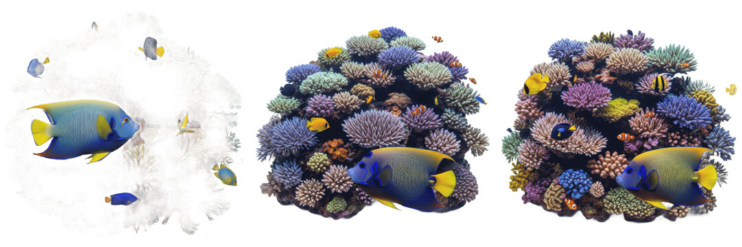 Set of tropical angel fish and colorful coral reef Anthozoa isolated on transparent background png
