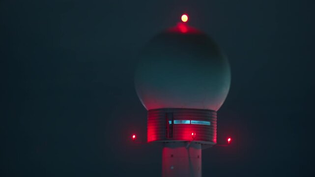A weather radar station tower at night with a large white dome and bright red aviation warning lights, captured with a tilt-shift telephoto lens