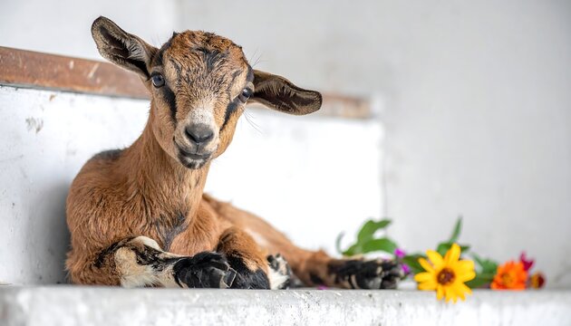 Cute baby goat resting on stairs