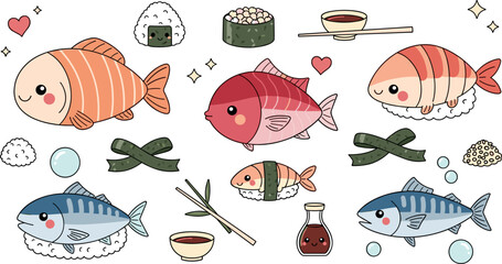 Cute Sushi and Fish Cartoon Vector Set with Salmon, Tuna, Rice, Chopsticks, Soy Sauce and Japanese Food Elements for Menu, Sticker, and Packaging Design © Saidi