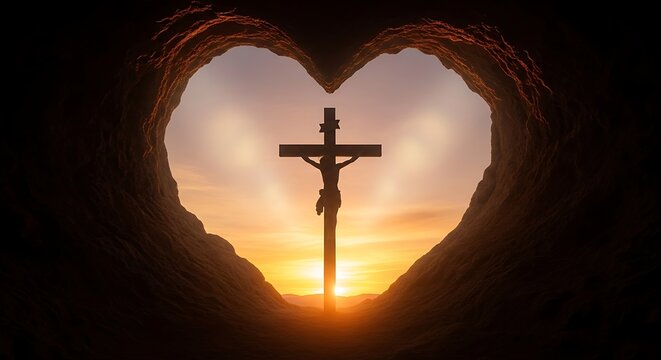 Easter sunday symbolism jesus christ crucifixion on cross at heart shaped archway during vibrant sunset