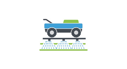 Blue toy wagon on railroad tracks.