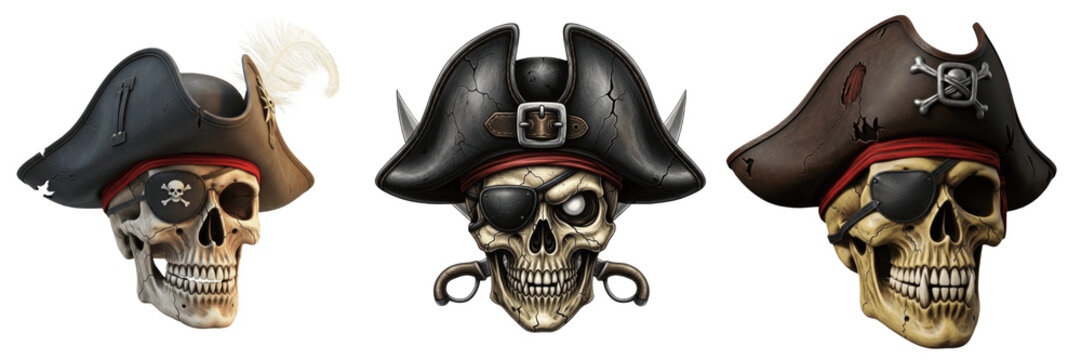 Set of pirate skulls with hats and eyepatches transparent background png