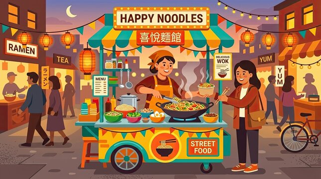 Street food vendor serving noodles from a colorful cart