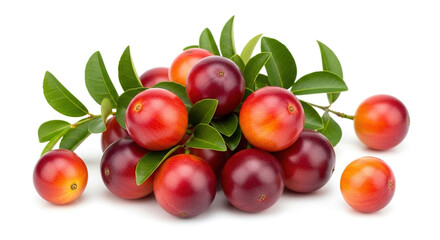 Obraz premium Vibrant pile of loquats with green leaves on white background