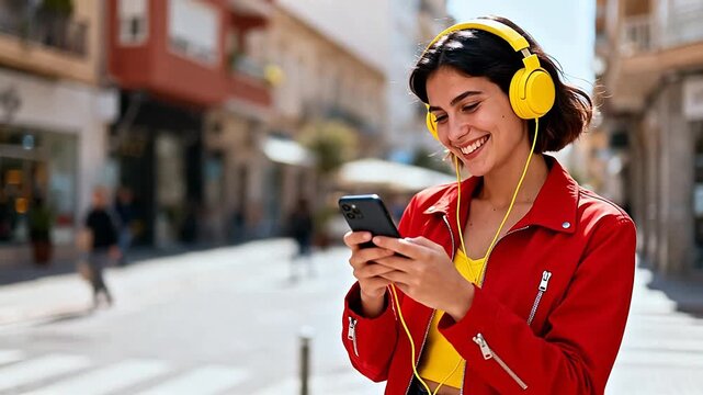 Woman in red jacket using phone with headphones