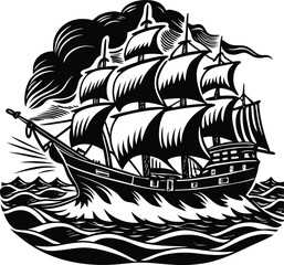 Black and white vintage sailing ship vector illustration © designstick360