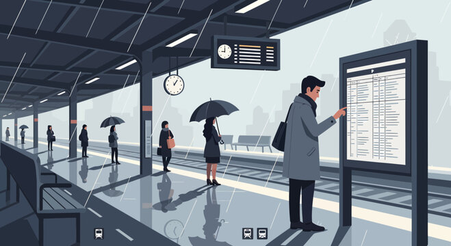 Man checking train schedule on rainy day platform.