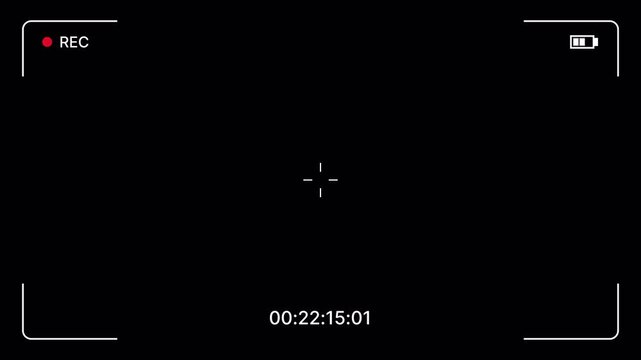 Minimal camera recording overlay with rec indicator, battery icon, central focus mark, and timecode on black background for film film editing, streaming, filmmakers and vloggers. 4K Video