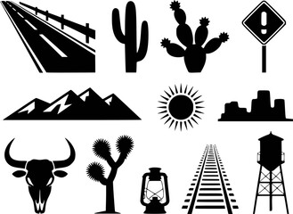 Collection of black silhouette representing desert landscape and western themes cactus © Jaker