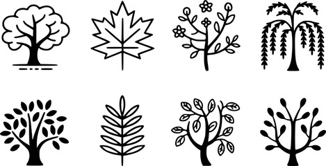Collection of stylized black and white tree and leaf a white background nature plant © Jaker