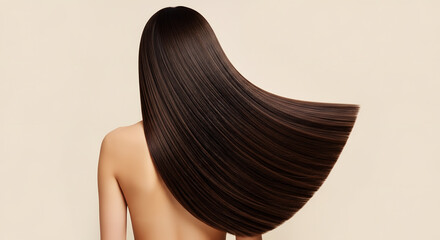 Naklejka premium Woman with long dark brown straight shiny hair flowing over shoulder image