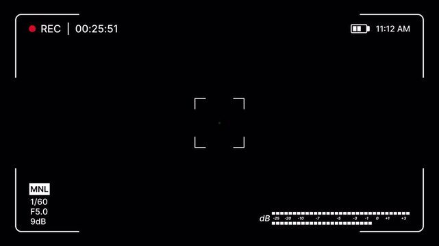 Camera recording overlay with rec indicator, battery icon, time display, focus frame, manual setting, audio meter on black background for filming editing. Cinematic camcorder viewfinder screen display