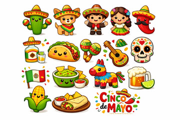 Fototapeta premium Cute Mexican Cartoon Icons Vector Clipart for Cinco de Mayo Celebration