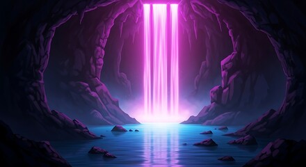 Fototapeta premium Dramatic illustration cave interior, ethereal light stream, tranquil water reflection