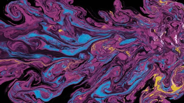 Abstract Fluid Art Mesmerizing Purple Blue and Gold Ink Swirls on Black.