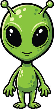 A cartoon green alien with big eyes and a smile stands alone on a white background