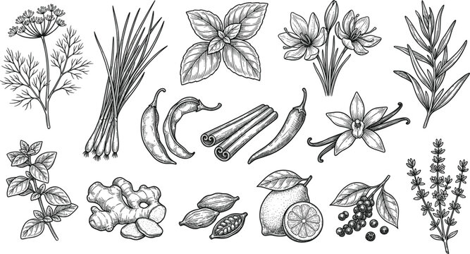 Herb and spice illustration collection featuring dill, chives, basil, saffron, oregano, ginger, cinnamon, chili, botanical vector design