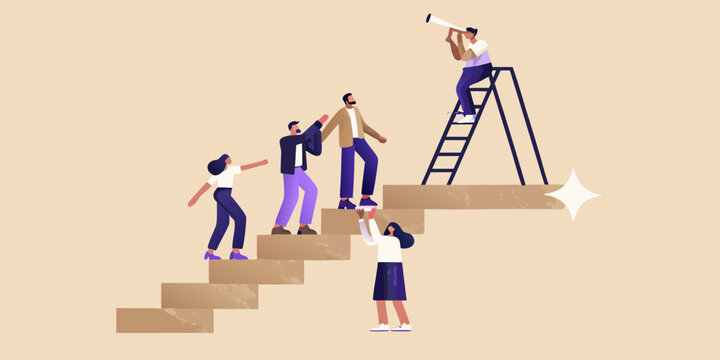 Teamwork and ambition people climbing stairs towards a bright future
