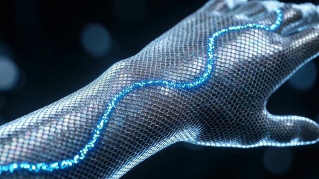 Futuristic 3D animation of a cybernetic hand with a metallic mesh skin and a glowing blue data stream representing artificial intelligence, bionics, and transhumanism.