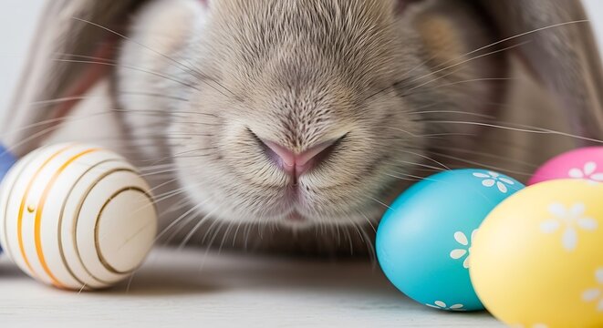 A cute gray rabbit lying down and smelling colorful Easter eggs on a white surface
