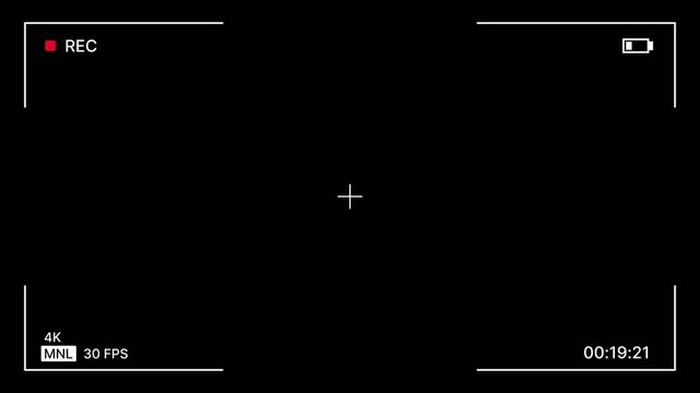 Camcorder recording overlay with rec indicator, battery icon, center crosshair, manual mode, fps display, timer on black background for editing. Viewfinder display modern recording layout. 4K Video