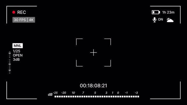 Camera recording interface minimal HUD with rec indicator, fps, battery icon, microphone status, focus frame, timecode, audio meter on black background. Video viewfinder minimal recording interface