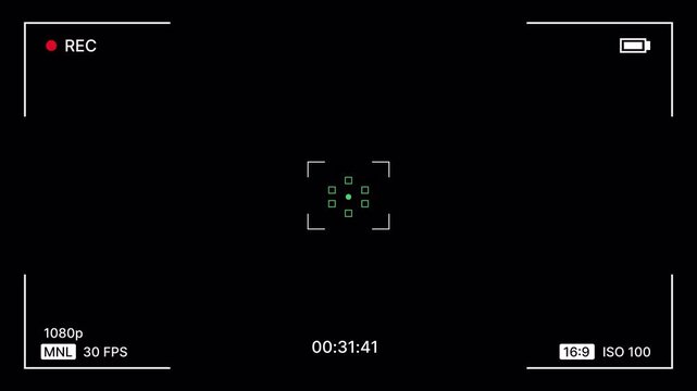 Camera recording overlay with rec, battery, autofocus points, timer, aspect ratio, camera status on black background for film making. Camcorder screen focus frame. Autofocus point display screen