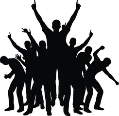 Fototapeta premium Victorious Crowd Silhouettes with Arms Raised in Celebration, Representing Success, Teamwork, and Energetic Achievement in Group Dynamics.