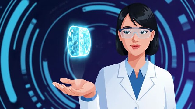 Animated scientist holding digital molecular cube in futuristic environment for scientific and technological concepts including genetic research
