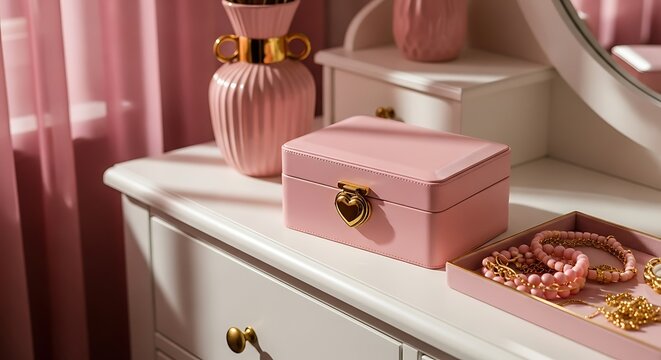 Elegant pink vanity scene with a jewelry box, vases, and accessories on a white dresser