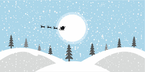 Santa claus and his reindeer fly across a winter landscape at night © PabanBiswas