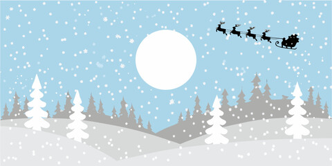 Santa claus and reindeer fly across a winter landscape with snow © PabanBiswas