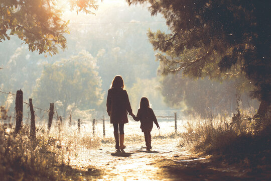  Mother and daughter walking hand-in-hand representing equal rights and future hope.
