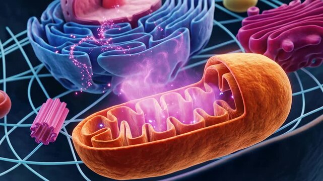 Cinematic 3D animation showing the inner workings of a microscopic human cell with a glowing mitochondria producing ATP energy particles for cellular metabolism and biology.