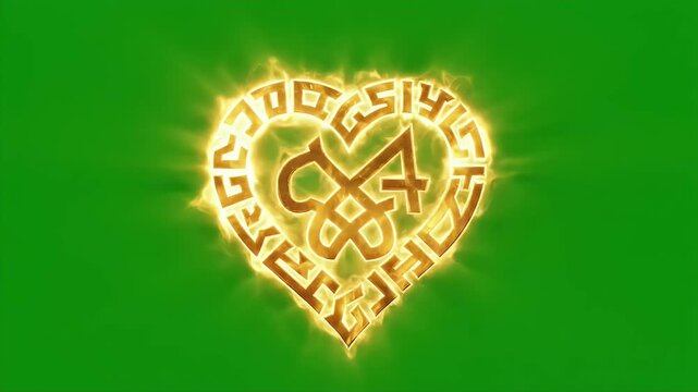 Golden Heart Transmutation Rune Animated With Fiery Energy On Green Screen Background