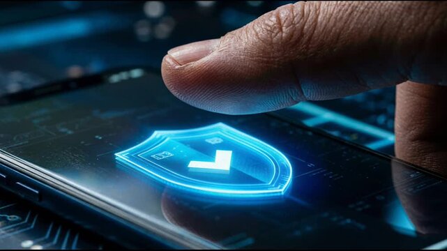 Close-up of a Finger Touching a Glowing Blue Shield Icon on a Smartphone Screen Representing Digital Security and Data Protection