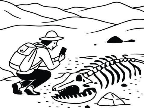 Vector illustration of a man photographing a dinosaur skeleton in desert landscape