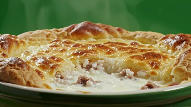 Hearty Albanian Tav Kosi A Traditional Baked Yogurt And Meat Casserole With Golden Crust And Steaming Filling A Delicious Comfort Food Close Up