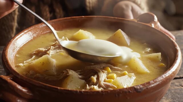 Hearty Colombian Ajiaco Soup Served in Rustic Clay Bowl with Steam Rising Traditional Cuisine Preparation Close-up Natural Lighting