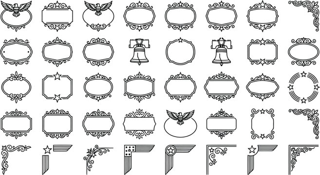 Collection of decorative ornamental frames and borders featuring eagles and liberty bells in vintage patriotic design
