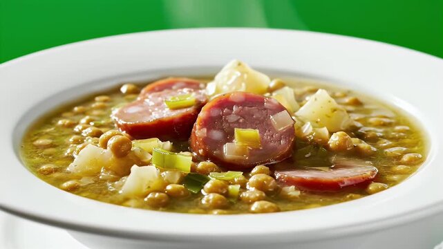 Hearty Dutch Erwtensoep Split Pea Soup with Smoked Sausage and Potatoes Served Hot in White Bowl with Green Background and Steam Evident Professional Food Photography
