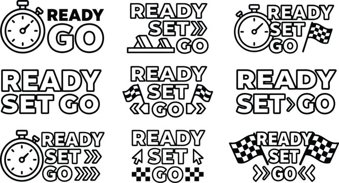 Collection of ready set go phrases with stopwatch and checkered flags for racing and starting events