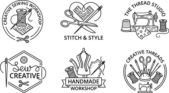 Collection of six unique linear sewing and crafting logos with various design elements representing creativity and handmade work