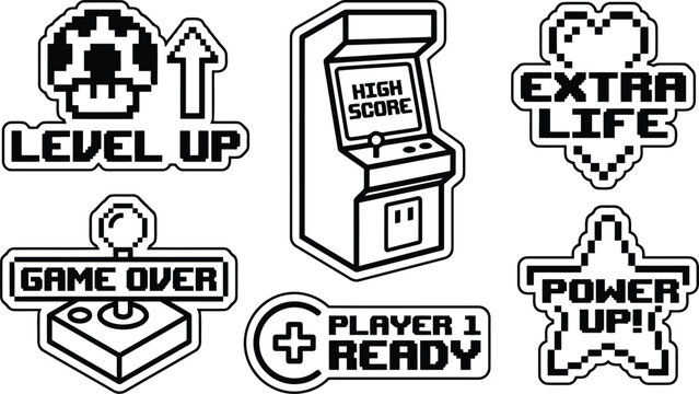 Retro pixel art game icons depicting level up game over high score extra life power up and player ready isolated on transparent background