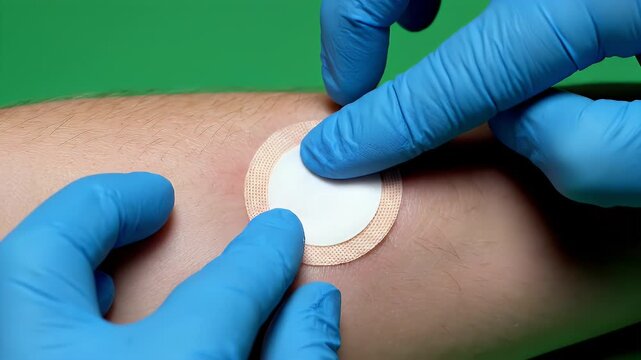 Medical Procedure Applying Sterile Dressing On Skin With Blue Gloves And Green Screen Background For Healthcare Education And Therapy Concepts