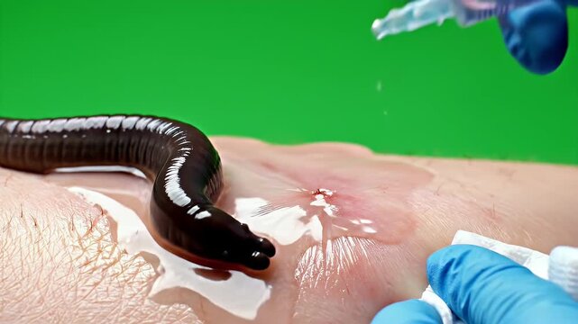 Medical Procedure Close Up of Leech Therapy on Human Skin with Syringe and Cotton Pad Isolated on Green Screen Background