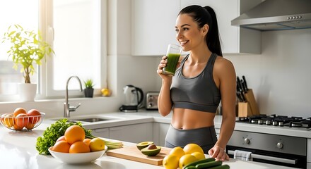 Fit woman in kitchen enjoying a green smoothie, surrounded by fruits & vegetables