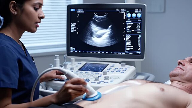 Medical Professional Performing Abdominal Ultrasound Examination on Patient Showing Internal Organs on Screen in Clinical Setting